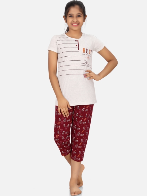 

Charak Girls White & Burgundy Printed Pure Cotton Night suit