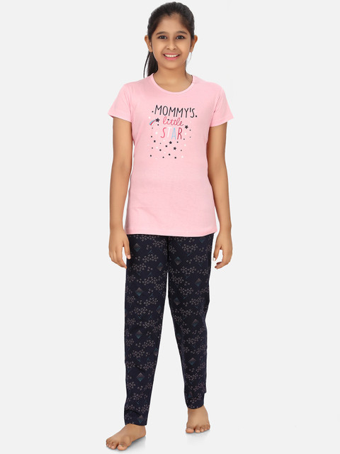 

Charak Girls Pink & Navy Blue Printed Pure Cotton Night suit