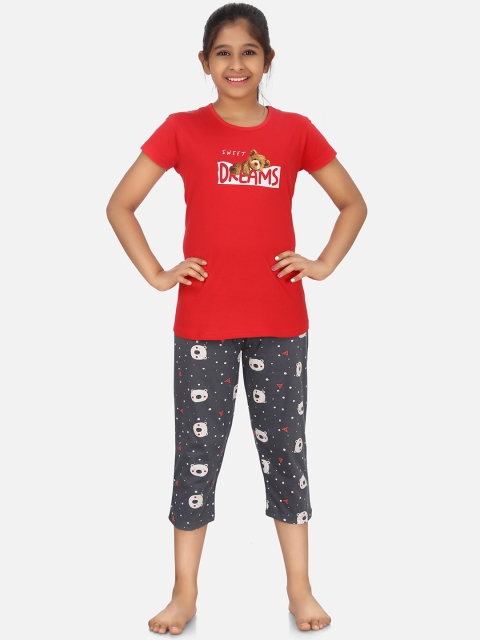 

Charak Girls Red & Grey Graphic Pure Cotton Night Suits