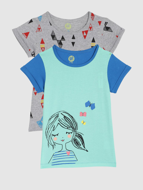 

YK Girls Blue Set of 3 Round Neck T-shirts