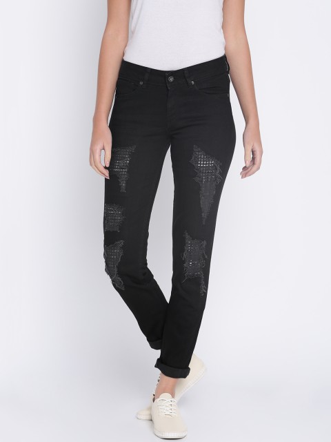 

Pepe Jeans Women Black Skinny Fit Mid-Rise Highly Distressed Stretchable Jeans