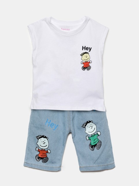 

Hopscotch Boys White & Blue Cotton Printed T-shirt with Shorts