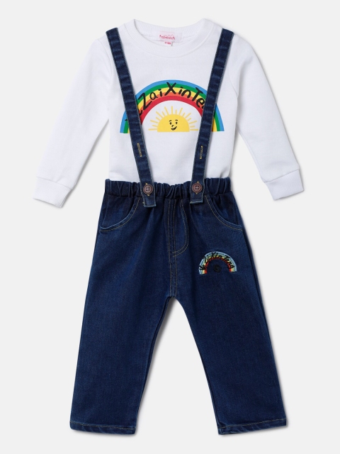 

Hopscotch Kids White & Blue Printed T Shirt with Dungaree