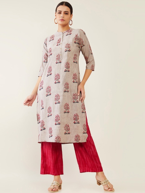 

Soch Women Beige Floral Printed Panelled Kurta with Palazzos