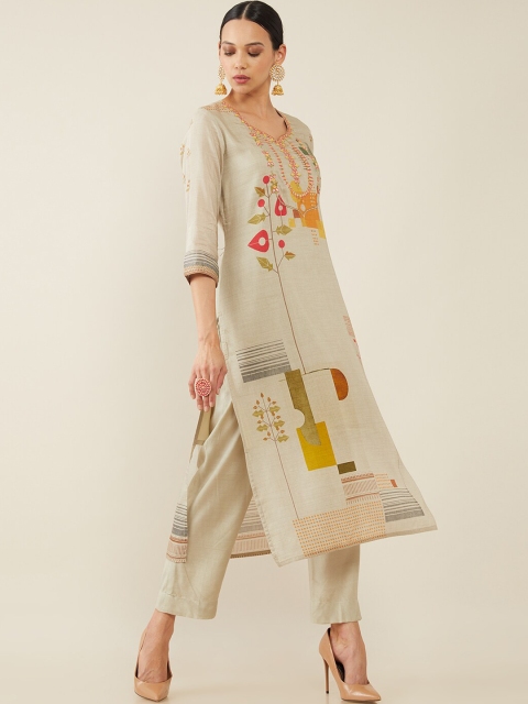 

Soch Women Grey Floral Printed Kurta with Trousers