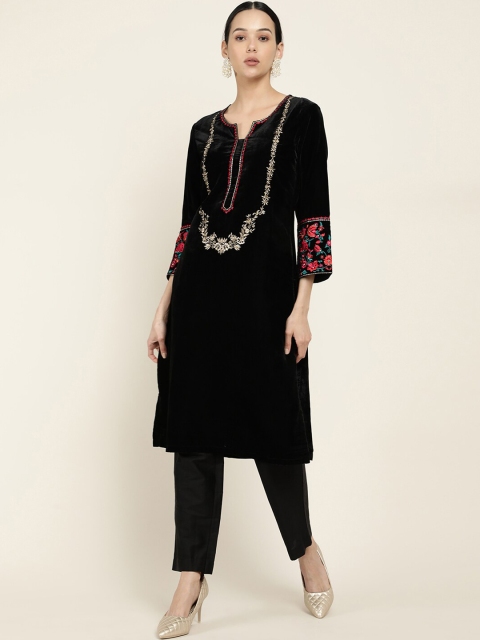 

Soch Women Black Embroidered Thread Work Velvet Kurta with Pyjamas