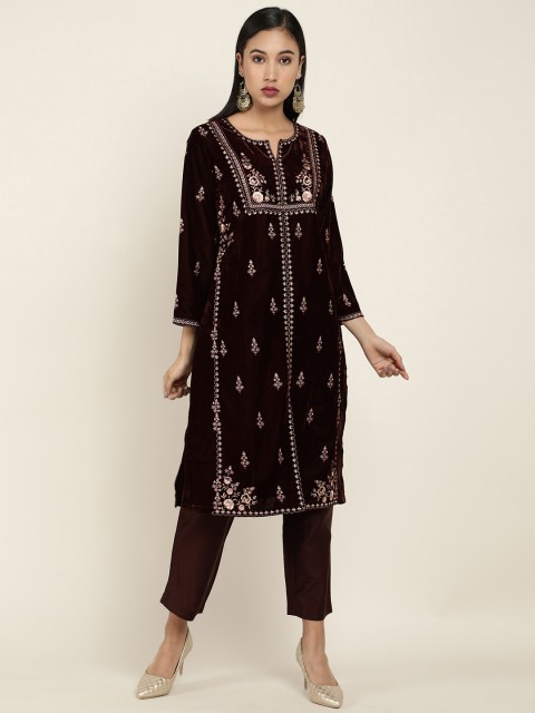 

Soch Women Brown Floral Embroidered Thread Work Velvet Kurta with Trousers
