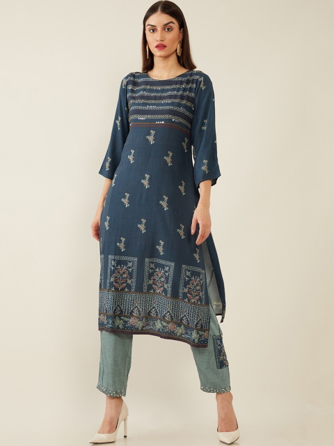 

Soch Women Blue Ethnic Motifs Printed Sequinned Kurta with Trousers