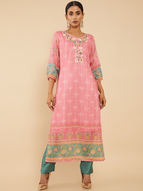 

Soch Women Pink Embroidered Panelled Kurti with Trousers