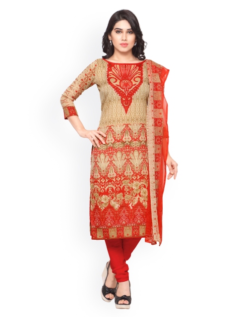 

Vaamsi Red & Beige Printed Polyester Unstitched Dress Material