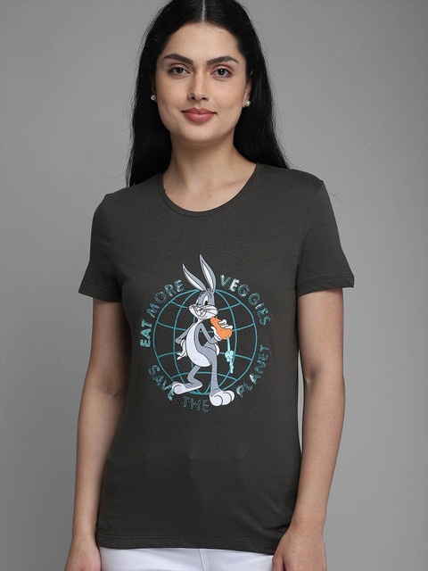 

Free Authority Women Grey & Green Looney Tunes Printed Round Neck T-shirt