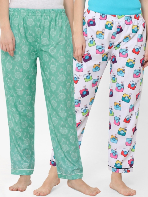 

FashionRack Women Set of 2 Green & White Printed Cotton Lounge Pants