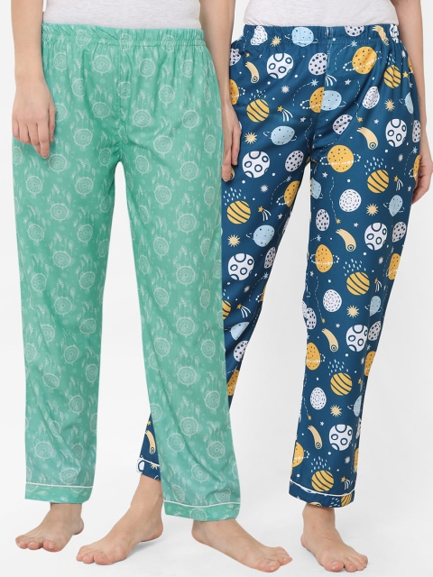 

FashionRack Women Pack of 2 Green & Navy Blue Printed Lounge Pants