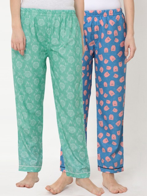 

FashionRack Women Pack of 2 Green & Blue Printed Lounge Pants