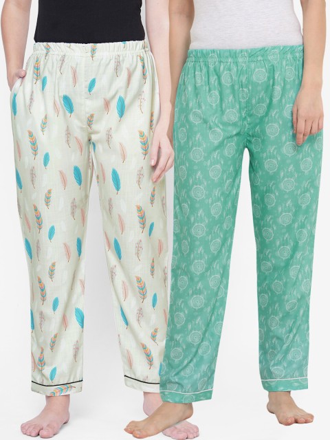 

FashionRack Women Pack of 2 Cream & Green Printed Lounge Pants