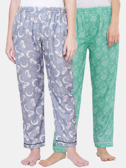 

FashionRack Pack Of 2 Green & Grey Printed Cotton Lounge Pants