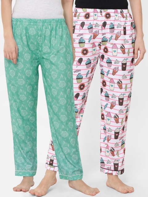 

FashionRack Women Pack of 2 Green & White Printed Lounge Pants