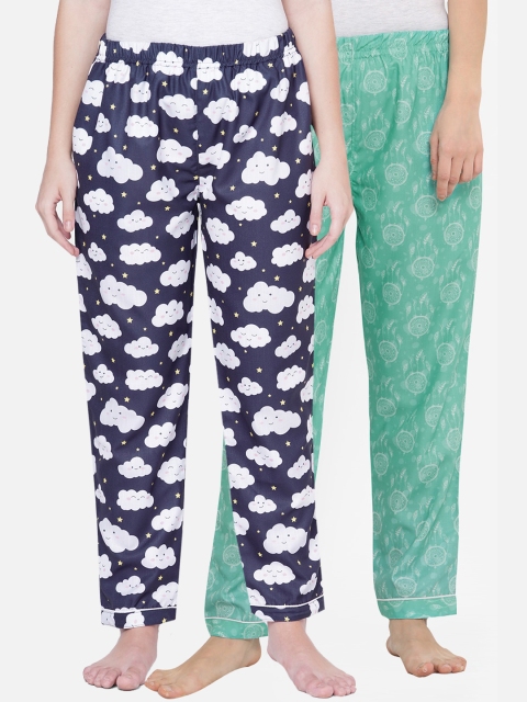 

FashionRack Women Pack Of 2 Navy Blue & Green Printed Cotton Lounge Pants