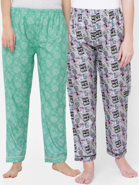 

FashionRack Women Pack Of 2 Green & Grey Printed Cotton Lounge Pants