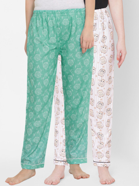 

FashionRack Women Pack Of 2 Green & Pink Printed Cotton Lounge Pants
