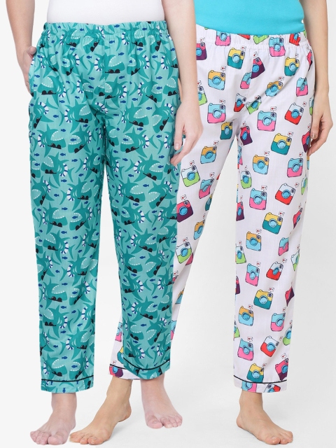 

FashionRack Women Pack Of 2 Green & White Printed Cotton Lounge Pants