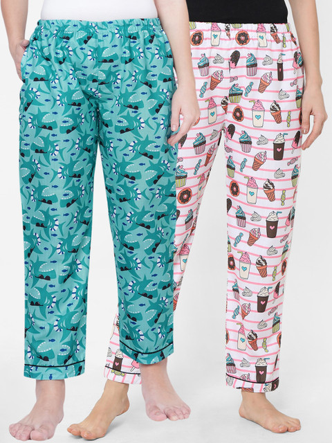 

FashionRack Women Pack Of 2 Green & White Printed Lounge Pants