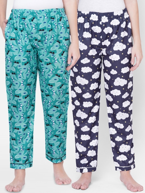 

FashionRack Pack Of 2 Green & Navy Blue Printed Cotton Lounge Pants