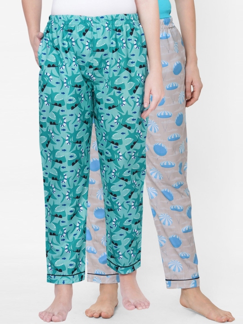 

FashionRack Women Pack of 2 Green & Cream-Coloured Printed Lounge Pants