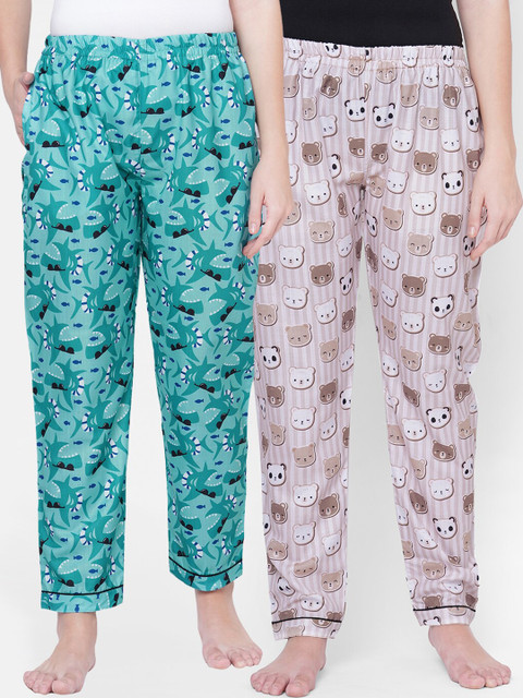 

FashionRack Women Pack of 2 Green & Brown Printed Lounge Pants