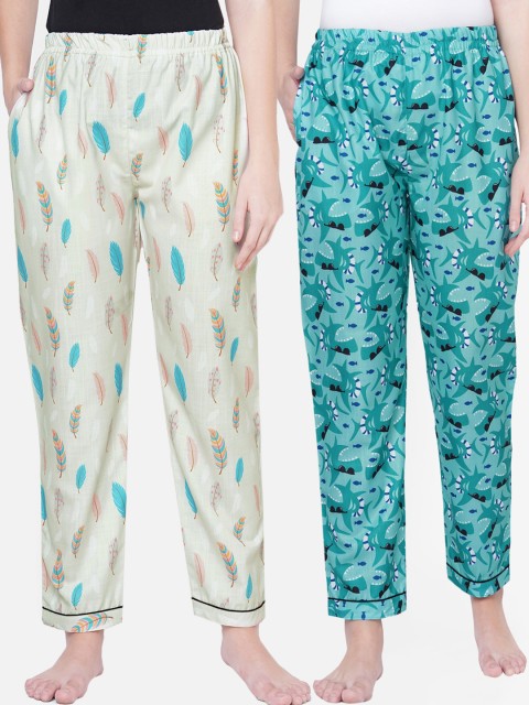 

FashionRack Women Pack Of 2 Green & Cream Printed Lounge Pants