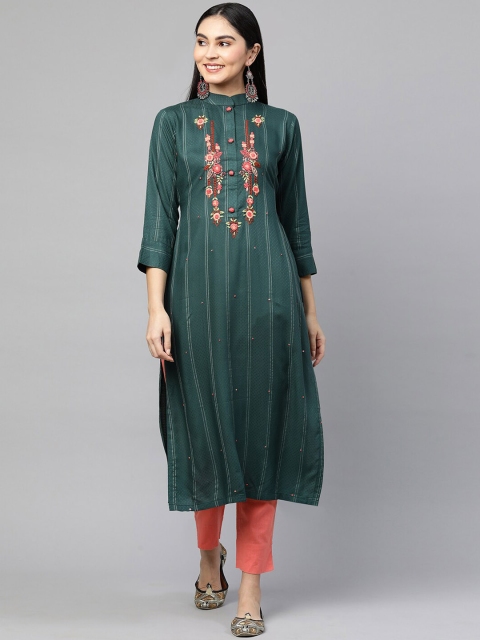 

FASHOR Women Green Floral Yoke Design Mandarin-Collar Kurta