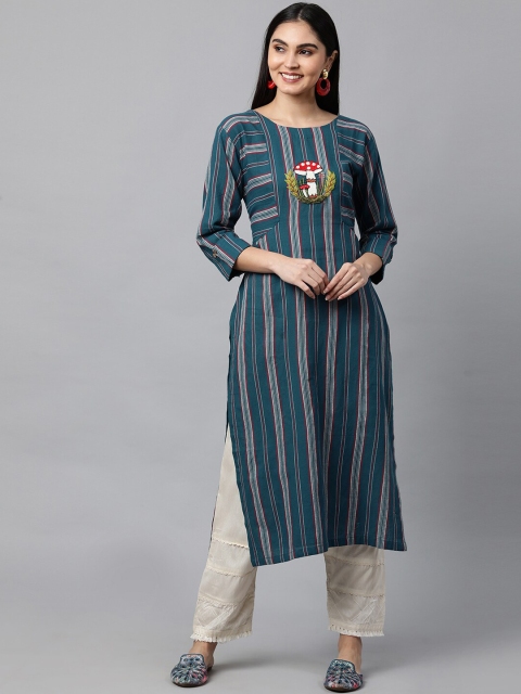 

FASHOR Women Blue Cotton Striped Straight Kurta