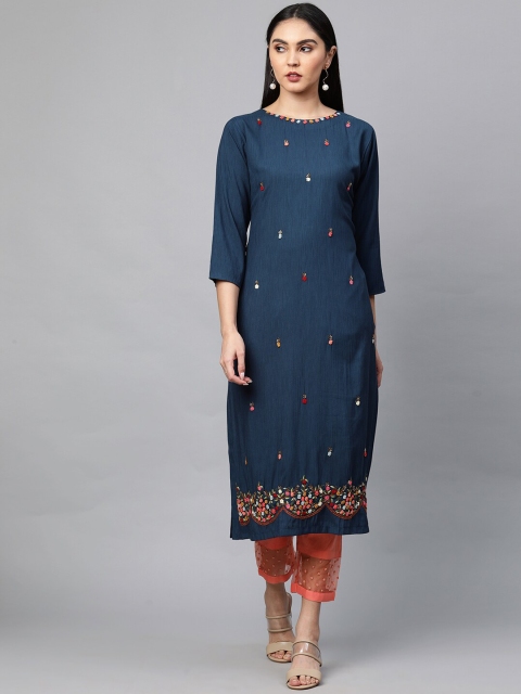 

FASHOR Women Teal Embroidered Round-Neck Thread Work Kurta