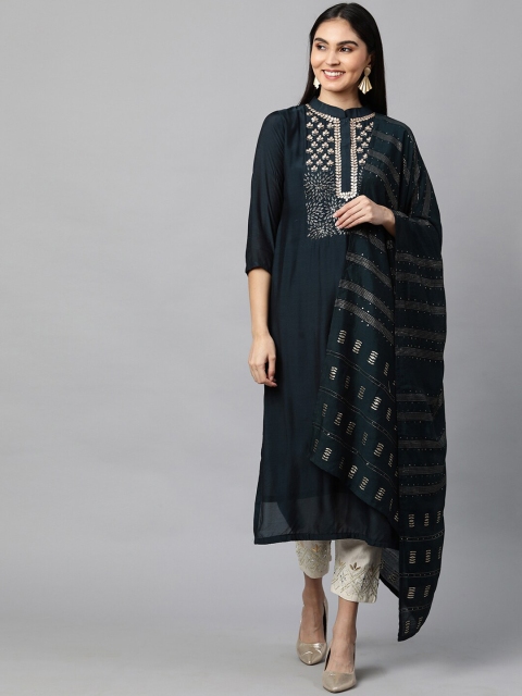 

FASHOR Women Navy Blue Muslin Silk Striped Straight Kurta & Dupatta