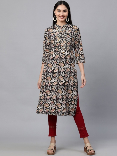 

FASHOR Women Black Floral Printed Kurta