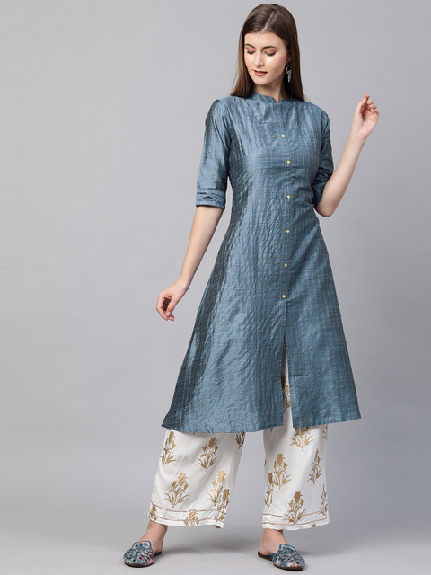 

FASHOR Women Grey Checked Tussar Silk A-Line Kurta