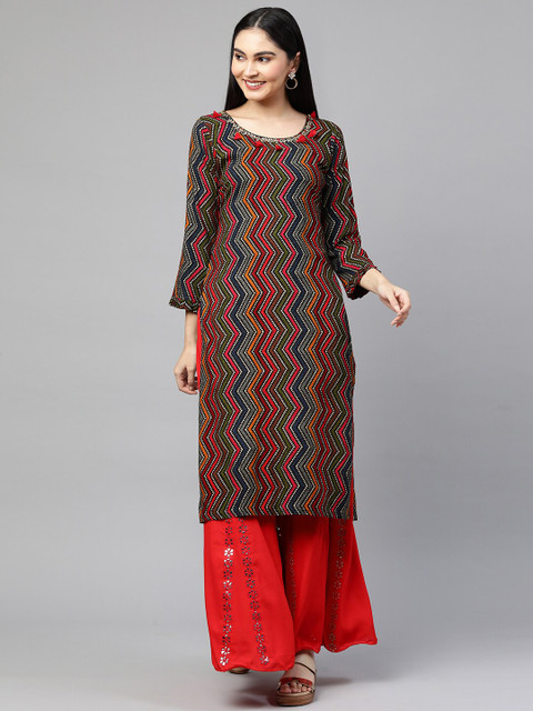 

FASHOR Women Multicoloured Chevron Printed Kurta with Embellishments, Multi