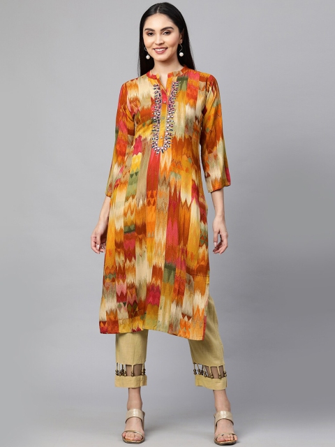 

FASHOR Women Yellow Printed Flared Sleeves Kurta
