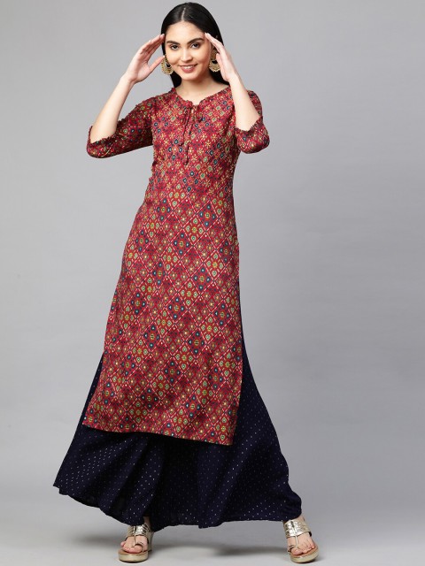 

FASHOR Women Pink Ethnic Motifs Printed Keyhole Neck Flared Sleeves Kurta