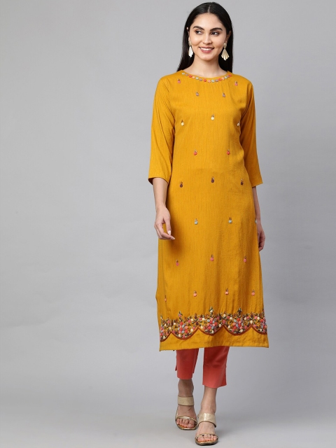 

FASHOR Women Mustard Yellow & Pink Embroidered Flared Sleeves Thread Work Kurta