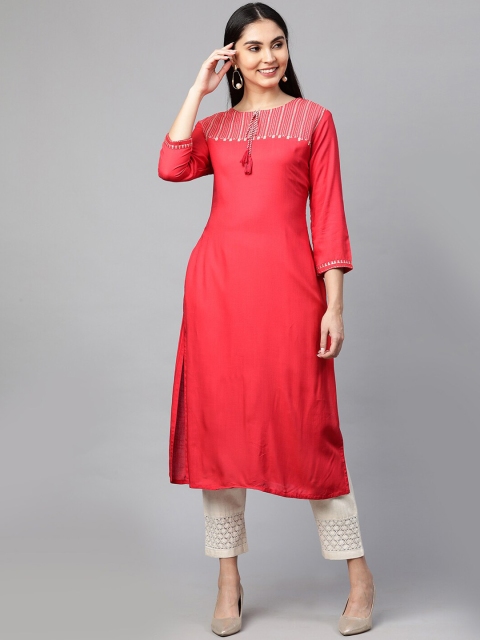 

FASHOR Women Red Yoke Design Thread Work Kurta