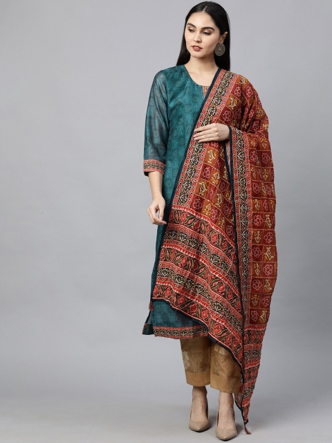 

FASHOR Women Teal Blue Printed Chanderi Silk Kurta with Printed Dupatta