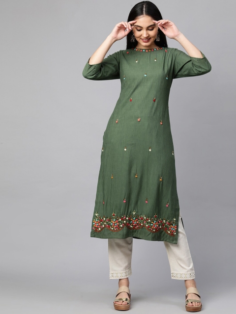 

FASHOR Women Green Embroidered Straight Kurta