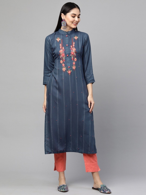 

FASHOR Women Blue Embroidered Straight Kurta