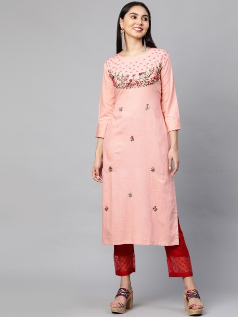 

FASHOR Women Peach-Coloured Cotton Embroidered Thread Work Kurta