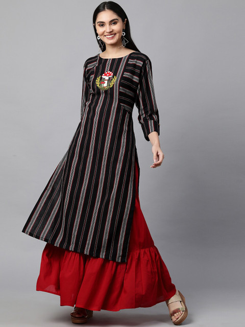 

FASHOR Women Black Striped Straight Kurta