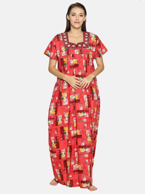 

Charak Red Printed Maxi Nightdress