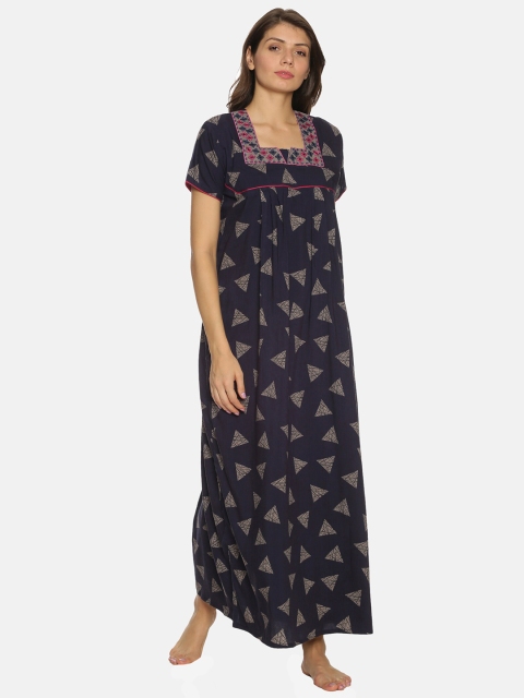 

Charak Women Blue Geometric Printed Maxi Night Dress