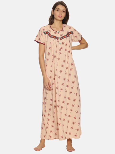 

Charak Peach-Coloured & Maroon Printed Maxi Nightdress