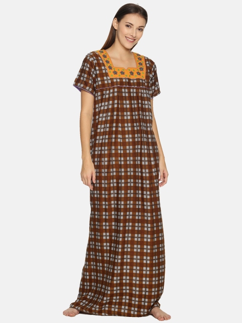

Charak Women Brown Checked Maxi Night Dress